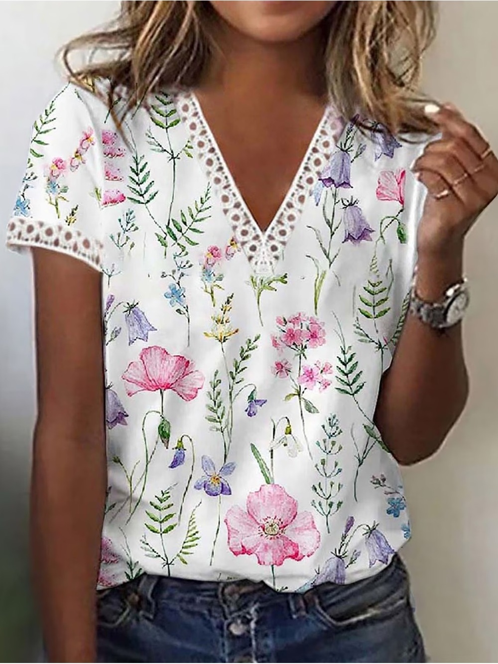 Floral V Neck Short Sleeve Top